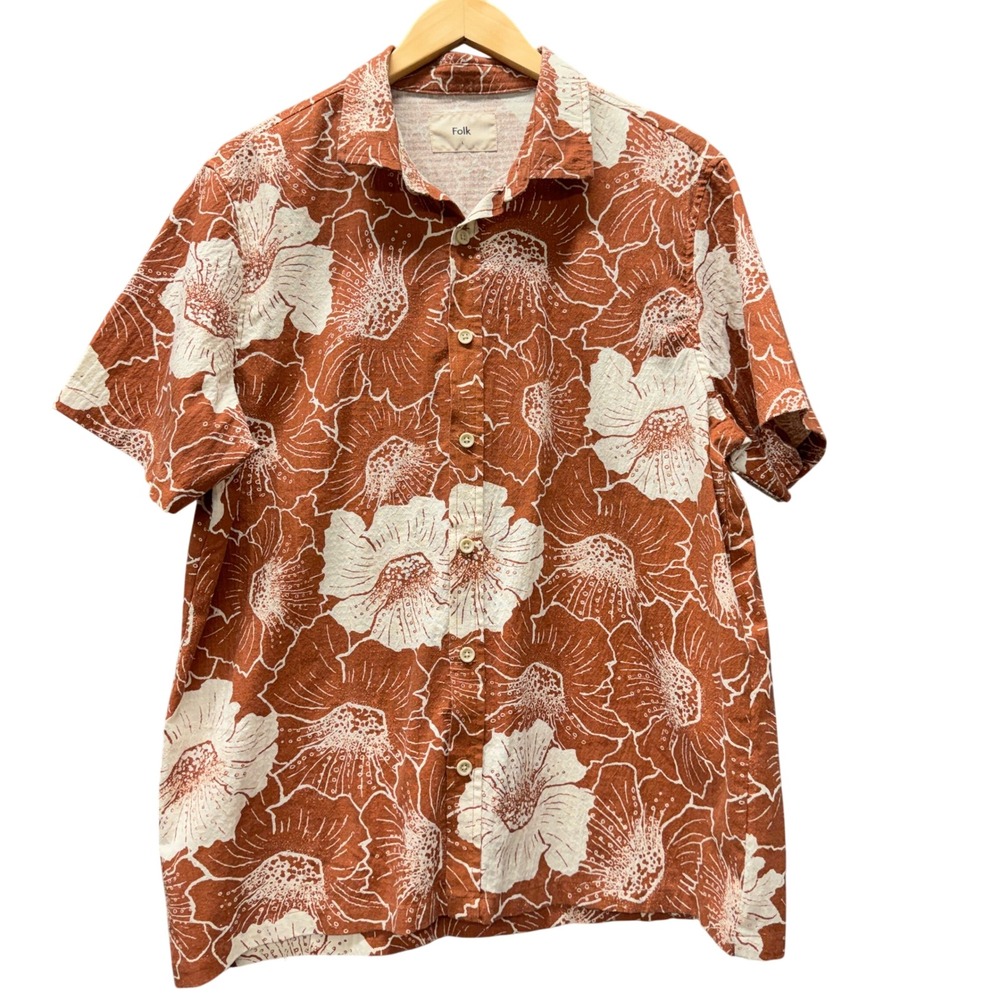 Folk Camp Shirt Mens Large L Button Up Short Sleeve Tropical Rust Orange Coastal